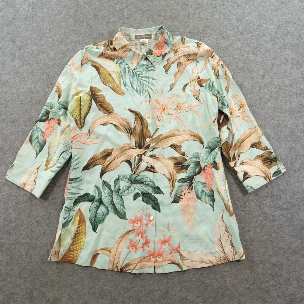 Tommy Bahama Top  Womens Medium 8 Green Silk Button Tropical Floral New